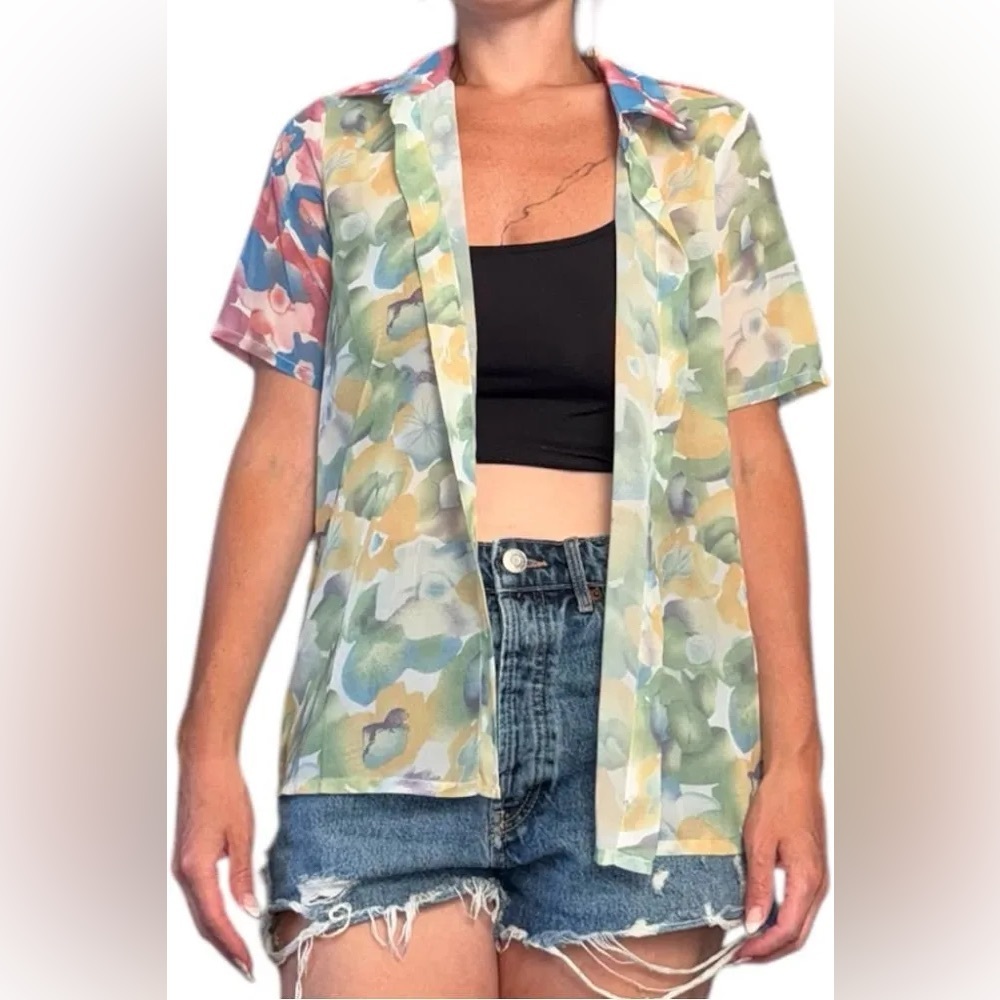 VRG‎ GRL Pink Green Floral Patchwork Sheer Button Down Shirt 2 Small Boho Artsy